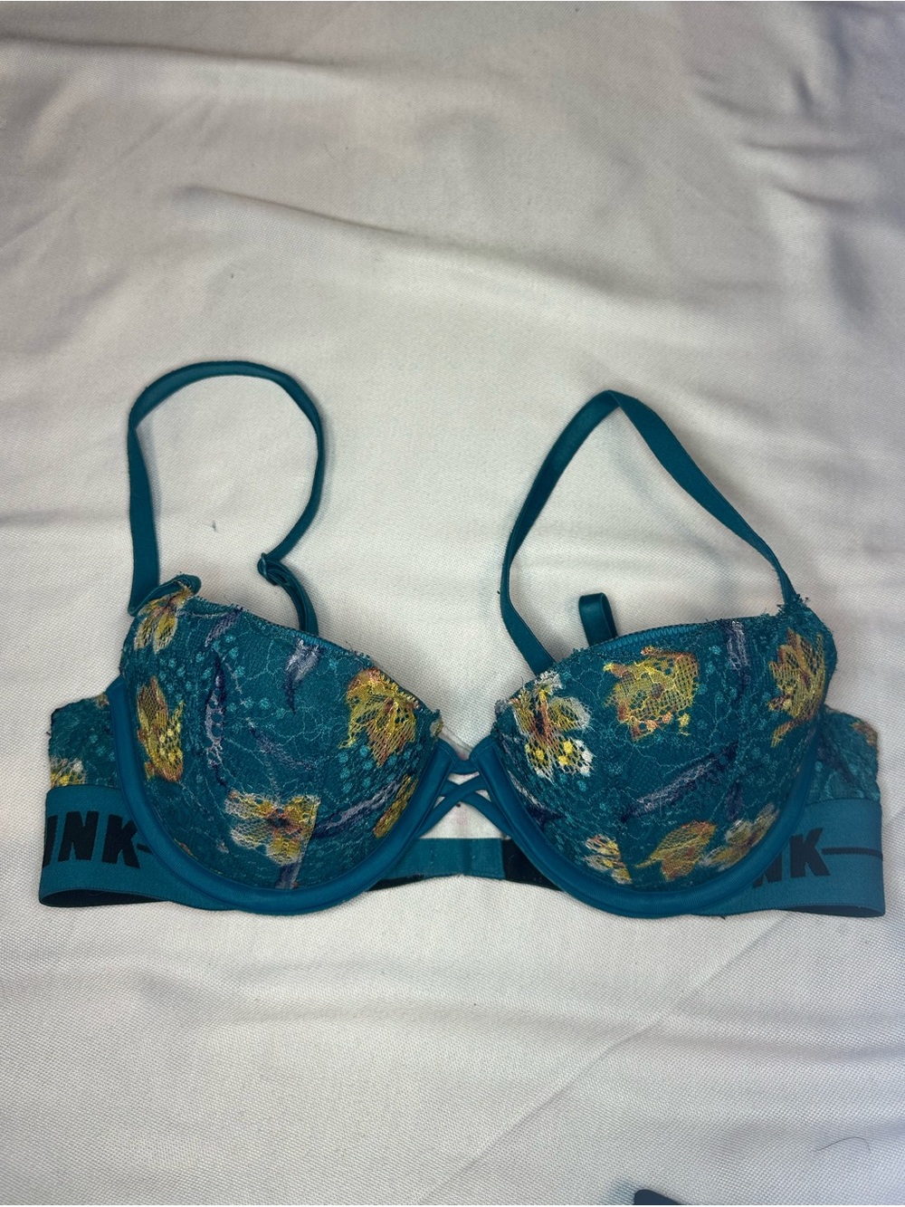 PINK Victoria's Secret Teal Floral Lace Push-Up Bra